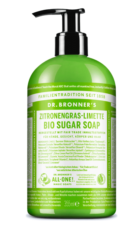 Sapone di zucchero biologico Dr Bronner's, menta piperita o lemongrass-lime, 355ml