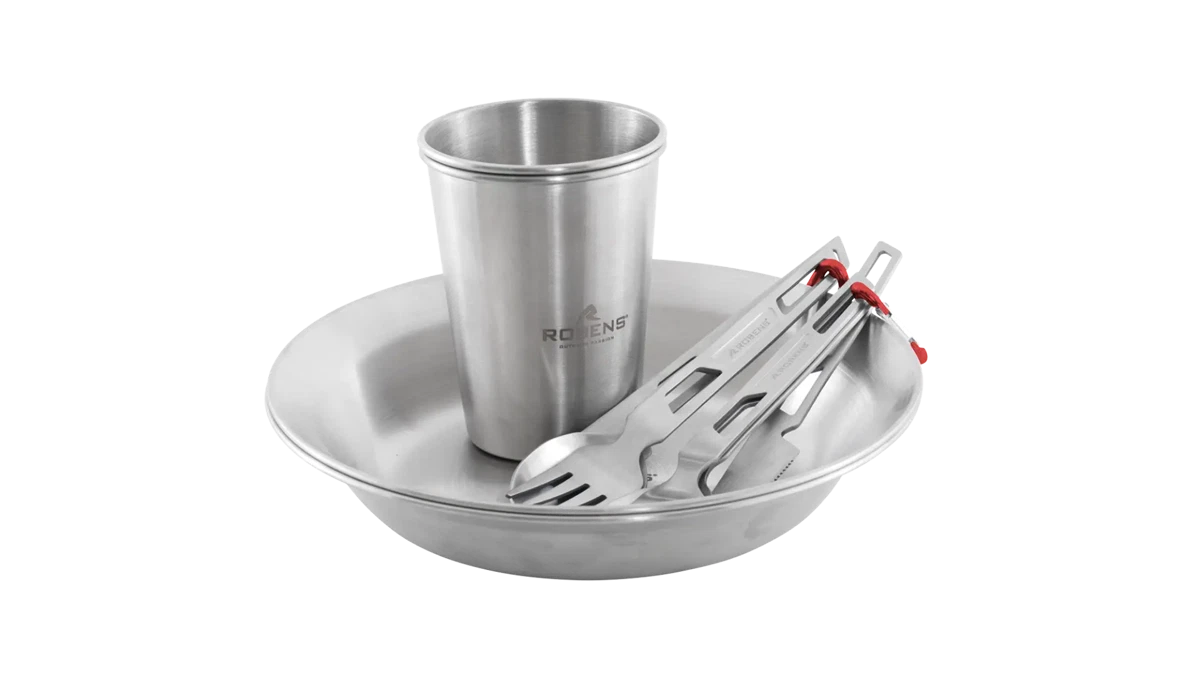 Set completo di piatti, bicchieri e posate in acciaio inox - Robens Sierra Steel Meal Set